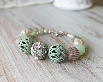 Chunky Statement Bracelet - Rustic Bridesmaid Gift - Shabby Chic Jewelry - Green Beaded Bracelet - Filigree Bracelet - Hand painted Jewelry