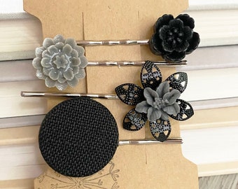 Floral Hair Pins for Wedding - Bridesmaid Hair Accessories - Bridal Hair Pins - Flower Hair Pins - Boho Hair Accessories - Black Hair Pins