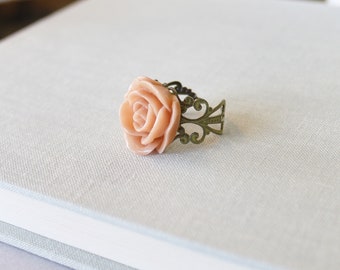 Victorian Style Ring - Pink Rose Ring - Green Lace Ring - Lace Filigree Ring - Romantic Rose Ring - Bridesmaid Jewelry - Adjustable Ring