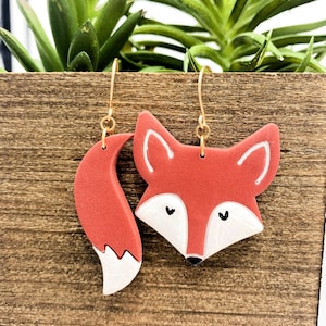 Orange Fox Earrings -  Fox Drop Earrings - Animal Lover Earrings - Clay Fox Earrings