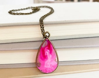 Pink Resin Pendant - Pink Fire Necklace - Pink Teardrop Necklace - Pink Teardrop Pendant - Bronze Teardrop Jewelry - Pink Smokey Jewelry