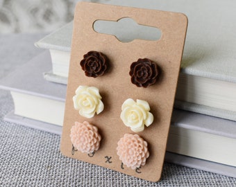 Flower Post Earrings - Set of 3 earrings - Flower stud earrings - Bridesmaid gift - bridesmaid earrings - pastel earrings - nature earrings