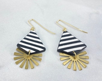 Bold Striped Earrings - Black Gold Earrings - Lightweight Clay Earrings - Boutique Earrings - Cottagecore Earrings