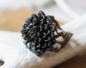 Black Statement Ring - Mum Ring - Flower Jewelry - Shabby Chic Jewelry - Bridesmaid Jewelry - Hippie Ring - Boho Jewelry - Filigree Ring