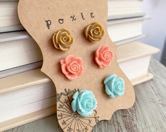 Flower Post Earrings - Set of 3 earrings - Flower stud earrings - Bridesmaid gift - bridesmaid earrings - pastel earrings - nature earrings