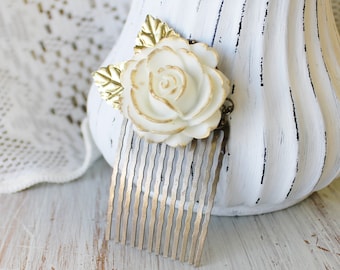 Gold Wedding Hair Piece - Wedding Hair Comb - White Bridal Hair Comb - Gold Wedding Hair Accessories - Flower Hair Comb - Floral Hair Comb