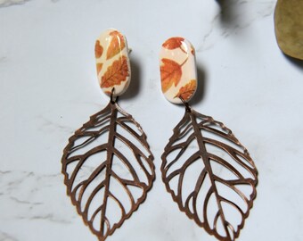 Orange Fall Leaf Earrings - Maple Leaf Earrings - Fall Statement Earrings - Fall Clay Earrings