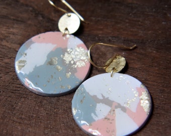 Pink Terrazzo Earrings - Mosaic Tile Earrings - Brass Dangle Earrings - Pink Abstract Earrings