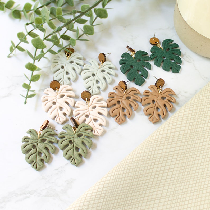 Monstera Leaf Earrings Green Leaf Earrings Summer Leaf Earrings Polymer Clay Jewelry image 1