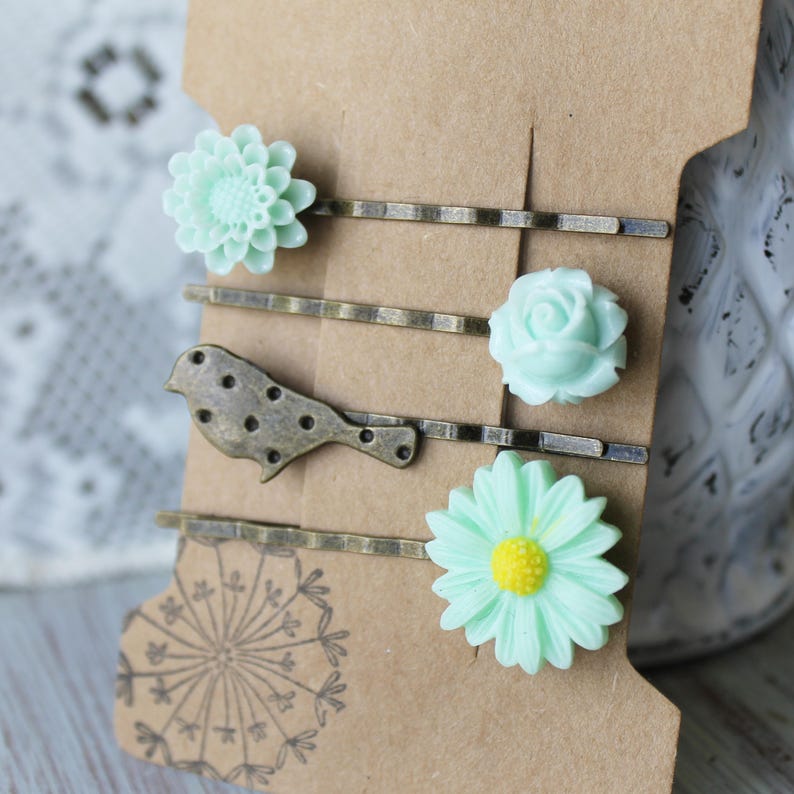 Bird Bobby Pin Set Bobby Pin Set of 4 Mint Bobby Pins Bird Hair Accessory Flower Bobby Pins Floral Bobby Pins Bird Hair Pins image 1