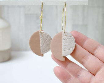 Neutral Hoop Earrings - Beige Hoop Earrings - Linen Statement Earrings - Linen Clay Earrings