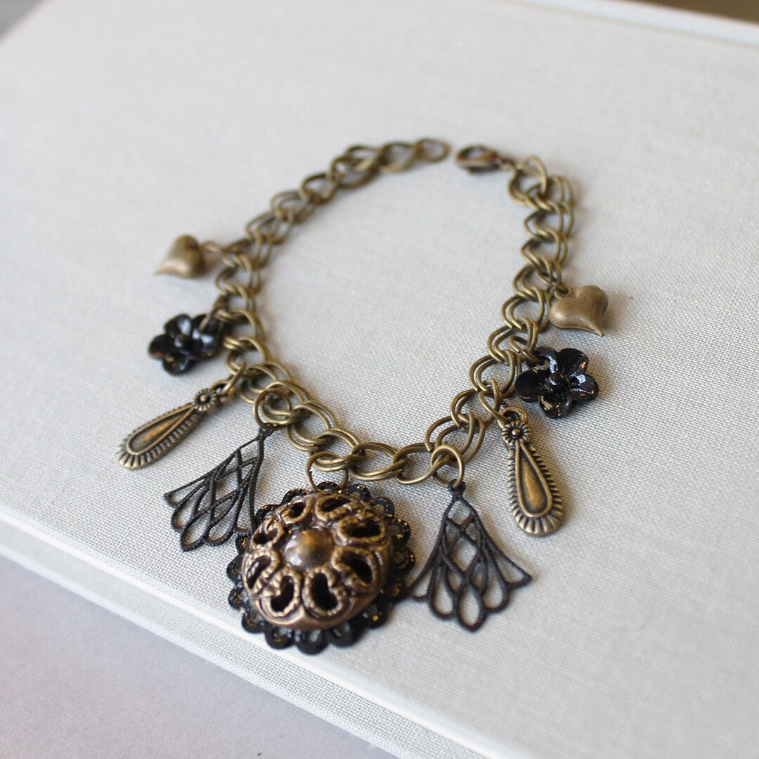 Vintage Inspired Charm Bracelet Black Bracelet Whimsical Jewelry Bronze