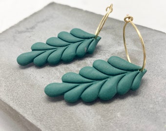 Green Fern Earrings - Gold hoop Earrings - Mini hoop Earrings - Lightweight Clay Earrings