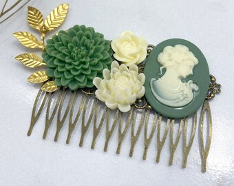 Cream Wedding Hair Piece - Wedding Hair Comb - Gold Bridal Hair Comb - Cameo Wedding Hair Accessories - Flower Hair Comb - Floral Hair Comb