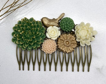 Green Wedding Hair Comb - Cream Bridal Hair Comb - Bird Wedding Hair Accessories - Flower Hair Comb - Floral Hair Comb