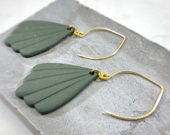 Green Scalloped Earrings - Green Dangle Earrings - Lightweight Clay Earrings - Boutique Earrings