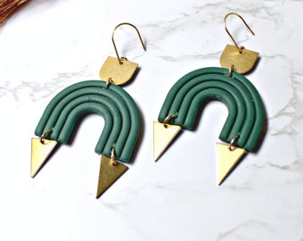 Green Arch Earrings - Modern Dangle Earrings - Abstract Clay Earrings -Green Geometric Earrings