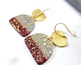 Elegant Maroon Clay Earrings - Classy Gold Earrings - Red Holiday Earrings