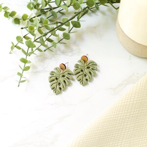 Monstera Leaf Earrings Green Leaf Earrings Summer Leaf Earrings Polymer Clay Jewelry image 4