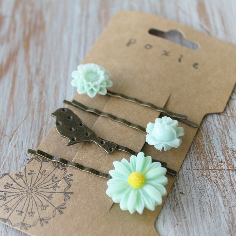 Bird Bobby Pin Set Bobby Pin Set of 4 Mint Bobby Pins Bird Hair Accessory Flower Bobby Pins Floral Bobby Pins Bird Hair Pins image 3