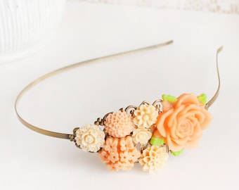 Peachy Orange Floral Headband - Wedding Hair Accessory - Wedding Jewelry - Floral Hair Accessory - Bridesmaid Accessory - Wedding Hair band