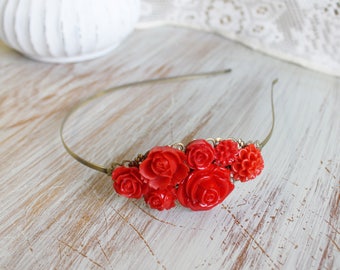 Red Floral Headband - Wedding Hair Accessory - Wedding Jewelry - Floral Hair Accessory - Bridesmaid Accessory - Wedding Hair band