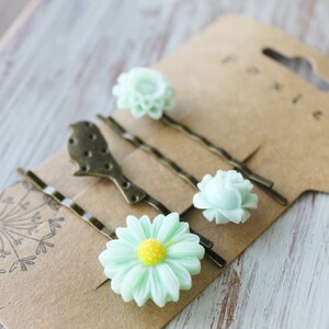 Bird Bobby Pin Set Bobby Pin Set of 4 Mint Bobby Pins Bird Hair Accessory Flower Bobby Pins Floral Bobby Pins Bird Hair Pins image 4