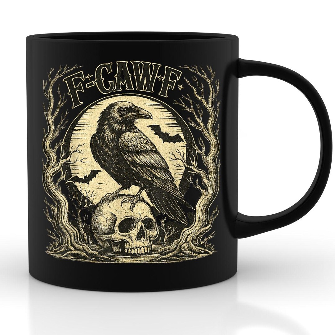 Funny Raven Coffee Mug FCAWF, Gothic Crow and Skull Art,