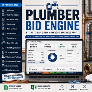 以下が含まれることがあります： 配管工向けに設計された「Plumber Bid Engine」ソフトウェアのインターフェースがラップトップに表示されています。画面には、見積もり合計、コスト、利益率などの財務データが表示されます。ソフトウェアには、仕事の見積もり、入札管理などのタブが含まれています。