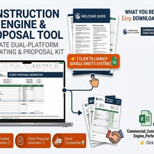 May include: A digital construction bid engine and proposal tool kit featuring a laptop displaying a client proposal generator spreadsheet, a welcome guide, and financial bid forms. Includes automated formulas and is compatible with Excel.