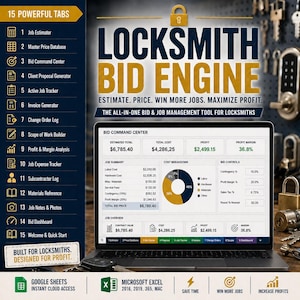 May include: A Locksmith Bid Engine software interface displayed on a laptop screen, featuring a dashboard with job summaries, cost breakdowns, and profit margins. The sidebar lists 15 powerful tabs including job estimator, invoice generator, and bid command center.