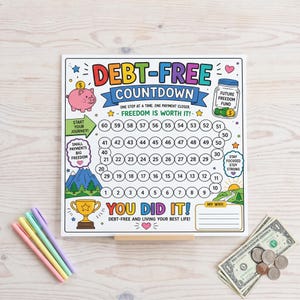 Debt Free Countdown Tracker, Printable Coloring Page (PDF Download)