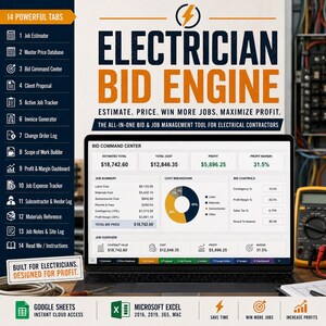 May include: A laptop screen displays the "Electrician Bid Engine" software interface. The software features 14 tabs, including a job estimator, bid command center, and profit dashboard. The interface shows financial data, including estimated totals, costs, and profit margins. The software is designed for electrical contractors.