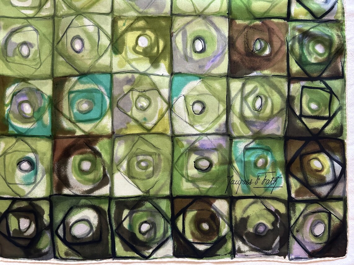 Rare Vintage Jacques Fath Silk Scarf, Abstract Geometric Art Print, Hand Rolled Signed Collectible, photo 4 sur 5