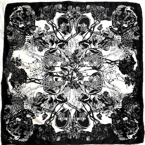 Giorgio Passigatti Silk Scarf: Italian Floral Abstract Art, Black White Monochrome Hand-Rolled