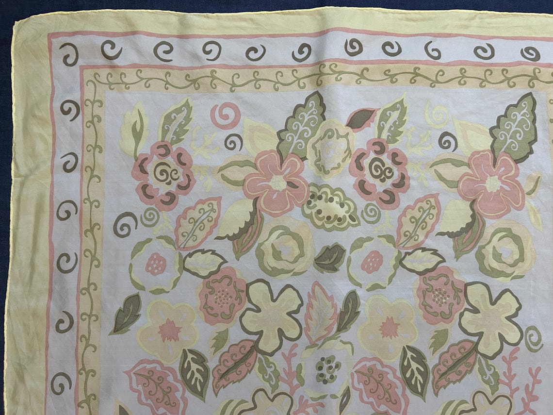 Vintage Floral Silk Scarf, Pastel Botanical Print, Hand Rolled Square, foto 2 di 5