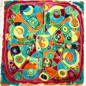 Artisan Handpainted Silk Scarf – Abstract Multicolor Design – 86x90 cm – Signed Arty’s – Hand Rolled Edges