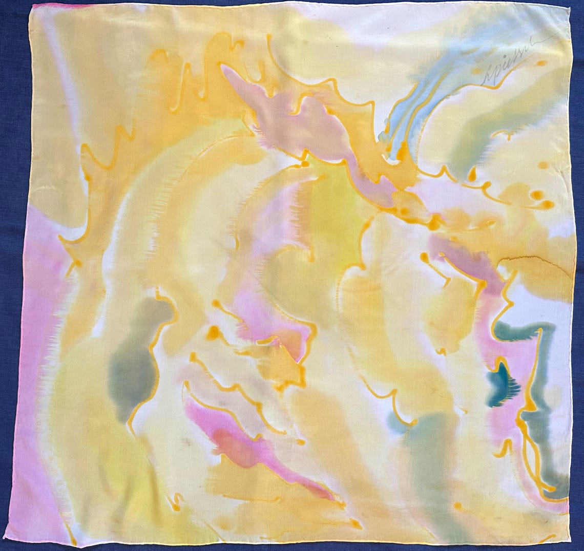 Vintage Hand Painted Silk Scarf Signed Artist Abstract Watercolor Wearable Art, foto 1 di 5