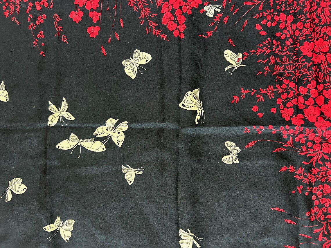Jehan de Fabreques Paris Silk Scarf Butterflies Black Red Floral Twill Vintage, foto 3 di 5