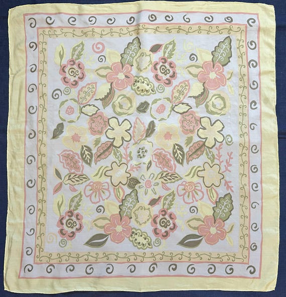 Vintage Floral Silk Scarf, Pastel Botanical Print, Hand Rolled Square