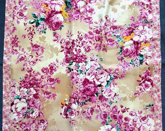 Vintage Italian Silk Scarf, Romantic Rose Floral Print, Large Square Twill Scarf