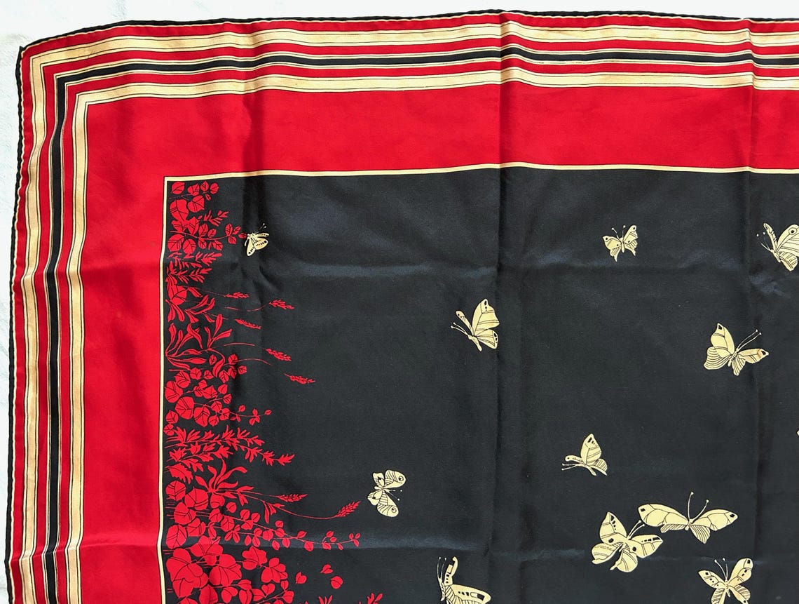 Jehan de Fabreques Paris Silk Scarf Butterflies Black Red Floral Twill Vintage, foto 2 di 5
