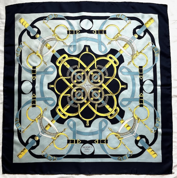 Vintage 1970s Hermès Éperon d’Or Silk Scarf, Henri d’Origny, Navy Blue Carré 90