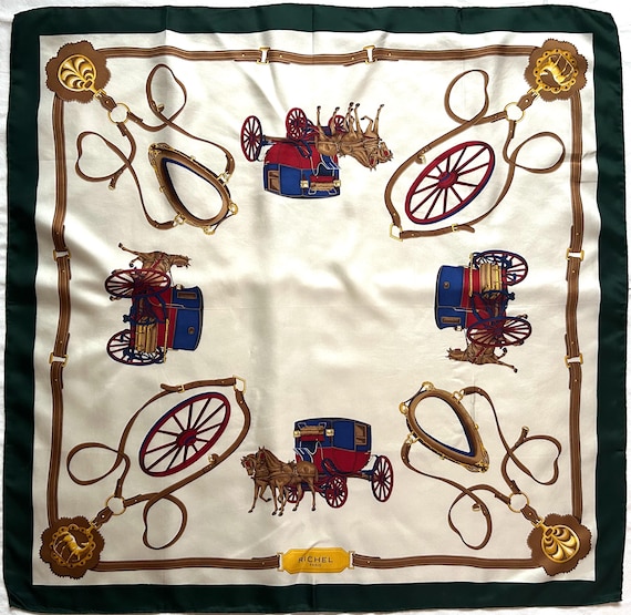 Vintage Richel Paris Silk Scarf Equestrian Carriage Print Square Twill Classic Luxury