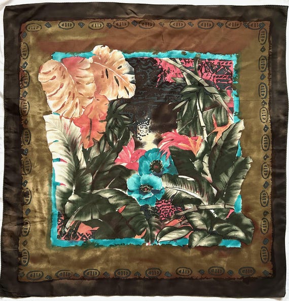 Vintage Tropical Botanical Silk Scarf Jungle Floral Exotic Pure Silk Square