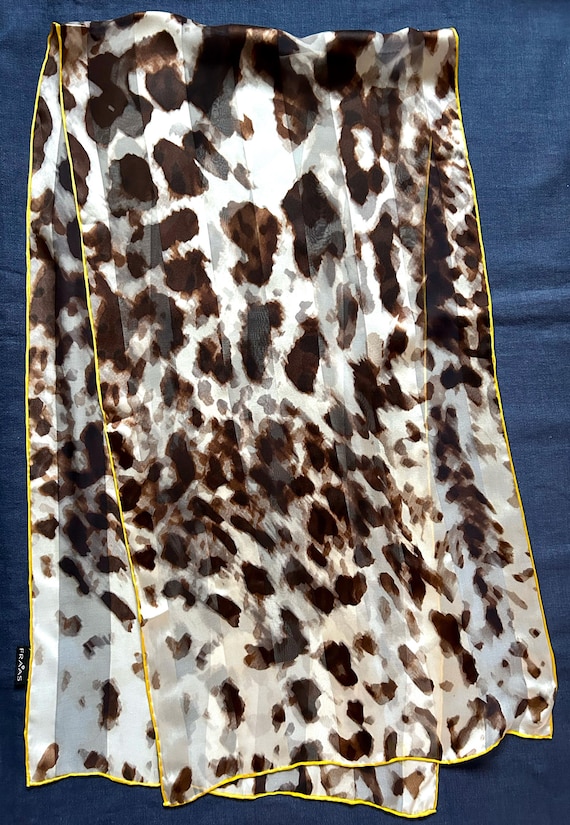 Vintage Fraas Silk Scarf Leopard Print, Hand Rolled, Sheer Chiffon Designer Animal Pattern