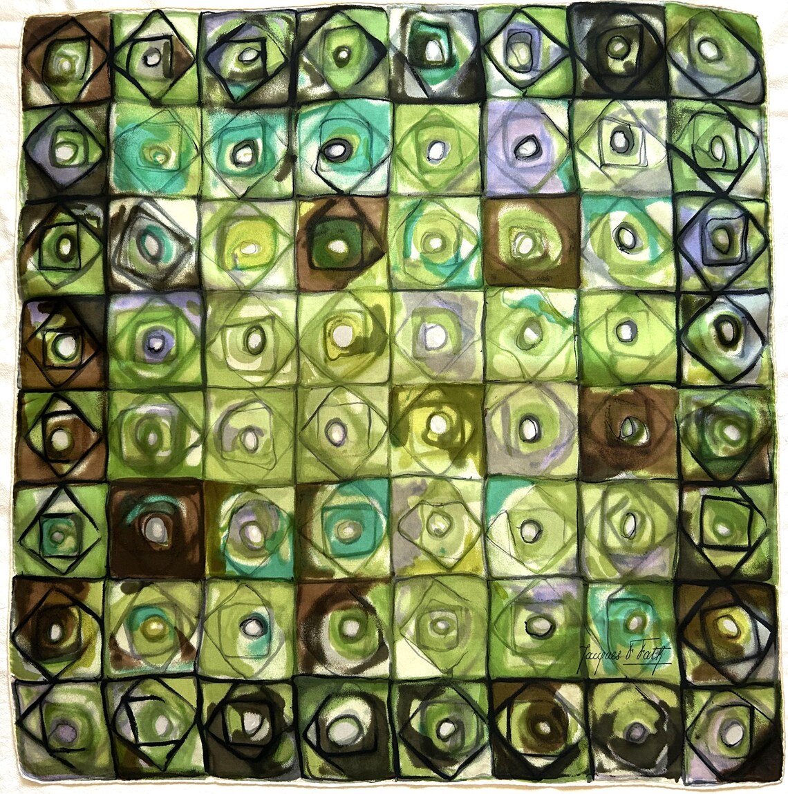 Rare Vintage Jacques Fath Silk Scarf, Abstract Geometric Art Print, Hand Rolled Signed Collectible, photo 1 sur 5