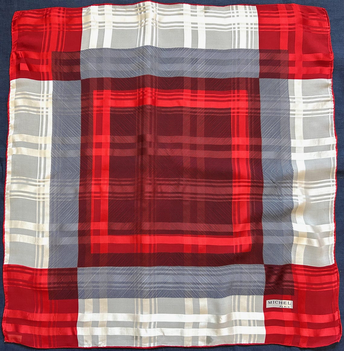 Vintage Michel Paris Silk Scarf, Red Plaid Check, Sheer Chiffon Satin, Hand Rolled Square, foto 1 di 5
