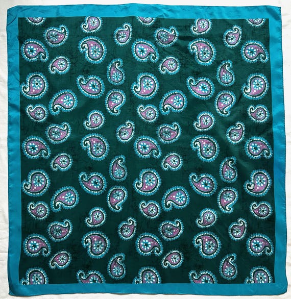 Vintage Italian Silk Scarf: Teal Paisley Print Lightweight, Fashion Accessory