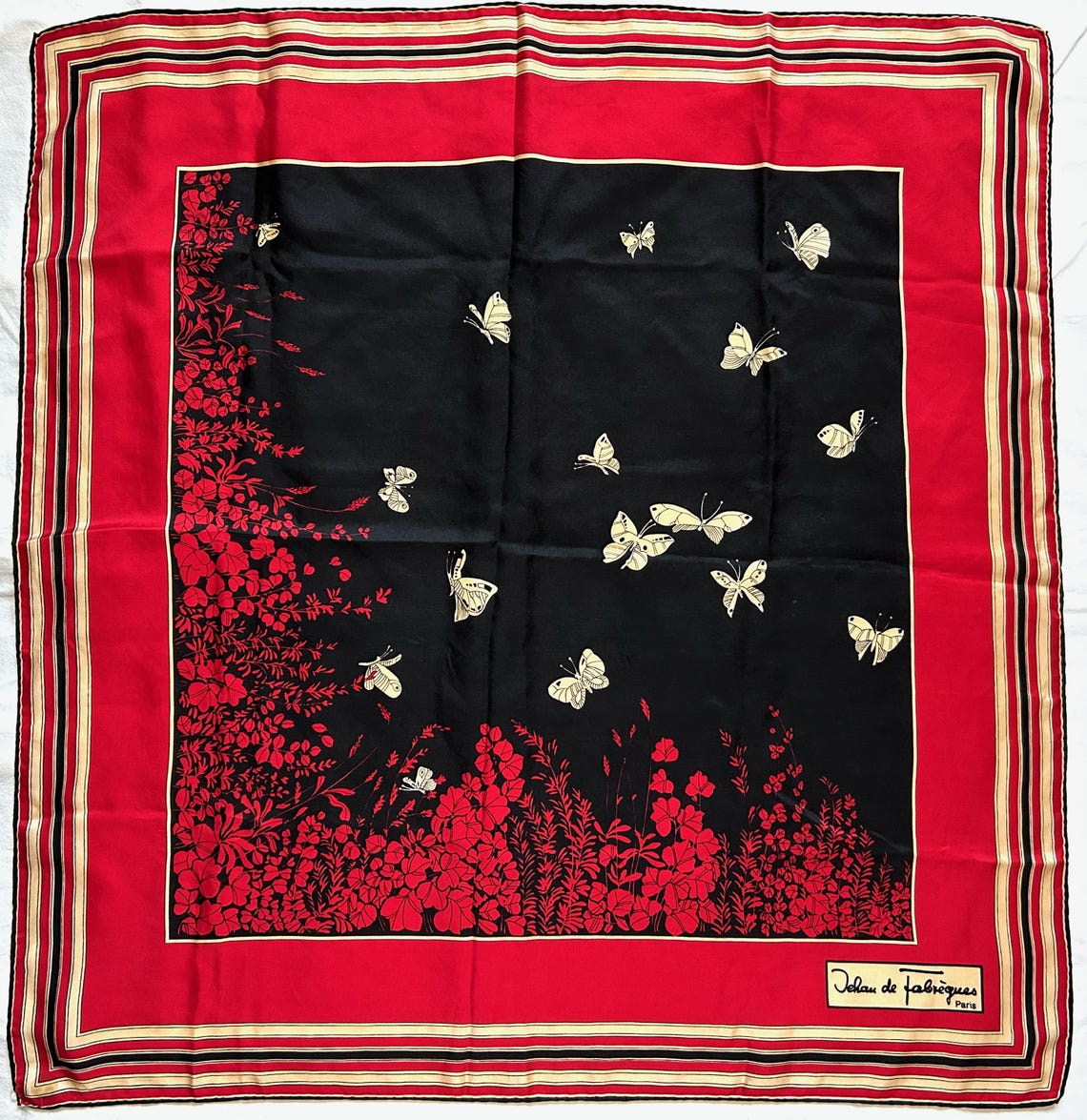 Jehan de Fabreques Paris Silk Scarf Butterflies Black Red Floral Twill Vintage, foto 1 di 5
